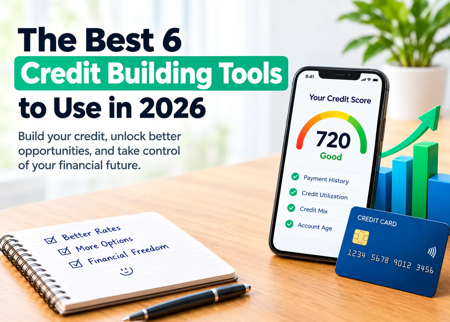 Best credit building tools for 2026 featuring a smartphone credit score dashboard, upward financial growth chart, credit card, savings checklist, and icons representing MoneyFAQ, Experian Boost, Grow Credit, Kikoff, and Self for consumers building stronger credit histories.